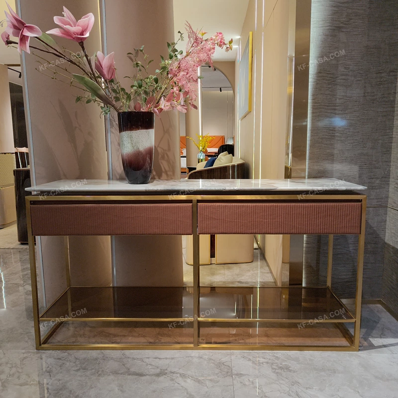 White Marble Console Table with Ribbed Rose Leather Drawers and Gold-Tone Frame